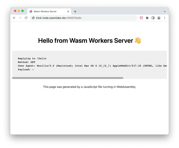 A Chrome screenshot showing Wasm Workers Server running a worker on top of Kubernetes thanks to KWasm and runwasi