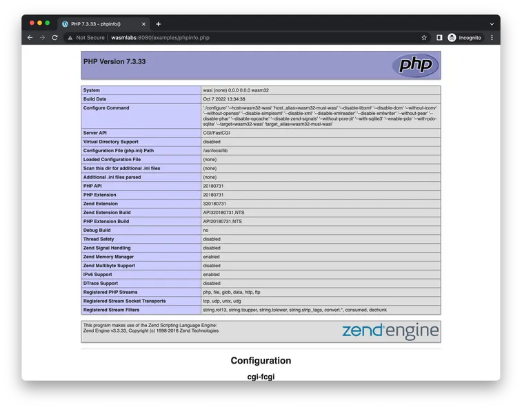 PHP running with Apache's mod_wasm showing a phpinfo call rendered in a browser