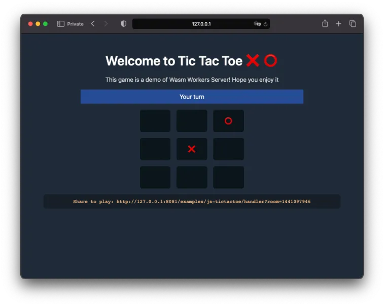 A page showing a Tic Tac Toe game implemented with Wasm Workers Server